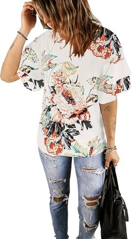 luvamia Women's Casual 3/4 Tiered Bell Sleeve Crewneck Loose Tops Blouses Shirt in Kuwait