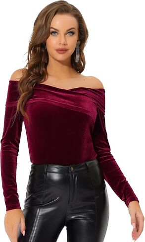 Allegra K Christmas Velvet Top for Women's Slim Fit Long Sleeve Off-Shoulder Blouse in Saudi Arabia