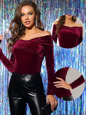 Allegra K Christmas Velvet Top for Women's Slim Fit Long Sleeve Off-Shoulder Blouse in Saudi Arabia