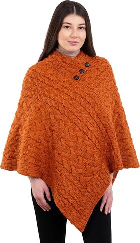 Ladies Poncho 100% Virgin Wool Aran Cable Knit Shawl Neck with Buttons Sweater in Saudi Arabia
