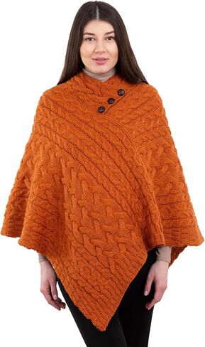 Ladies Poncho 100% Virgin Wool Aran Cable Knit Shawl Neck with Buttons Sweater in Saudi Arabia