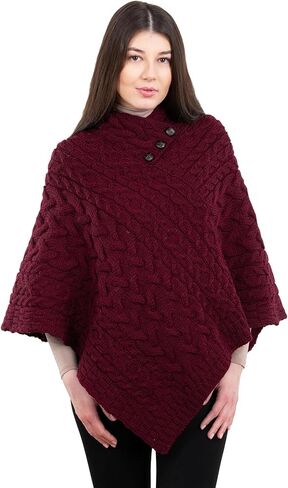 Ladies Poncho 100% Virgin Wool Aran Cable Knit Shawl Neck with Buttons Sweater in Saudi Arabia