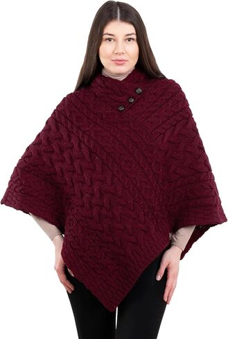 Ladies Poncho 100% Virgin Wool Aran Cable Knit Shawl Neck with Buttons Sweater in Saudi Arabia