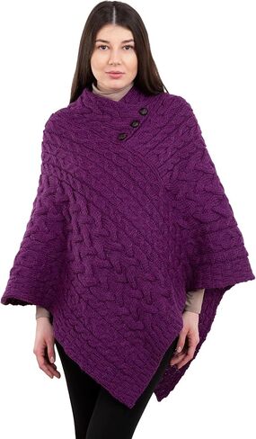 Ladies Poncho 100% Virgin Wool Aran Cable Knit Shawl Neck with Buttons Sweater in Saudi Arabia