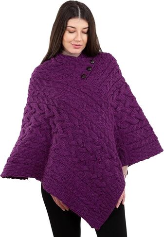 Ladies Poncho 100% Virgin Wool Aran Cable Knit Shawl Neck with Buttons Sweater in Saudi Arabia