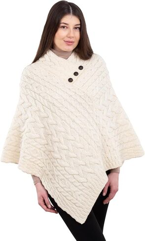 Ladies Poncho 100% Virgin Wool Aran Cable Knit Shawl Neck with Buttons Sweater in Saudi Arabia