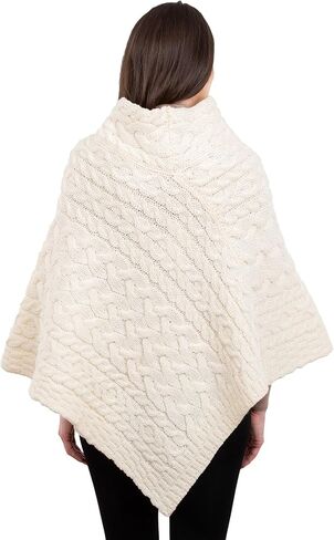 Ladies Poncho 100% Virgin Wool Aran Cable Knit Shawl Neck with Buttons Sweater in Saudi Arabia