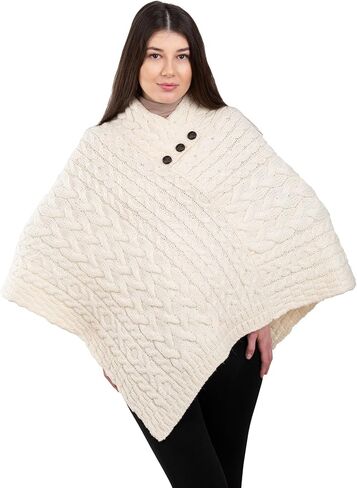 Ladies Poncho 100% Virgin Wool Aran Cable Knit Shawl Neck with Buttons Sweater in Saudi Arabia
