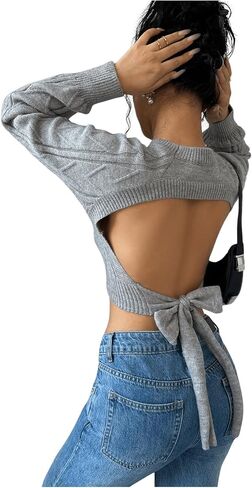 GORGLITTER Women's Bow Open Back Sweater Cable Knit Cropped Sweater Crewneck Pullover Crop Tops in Saudi Arabia