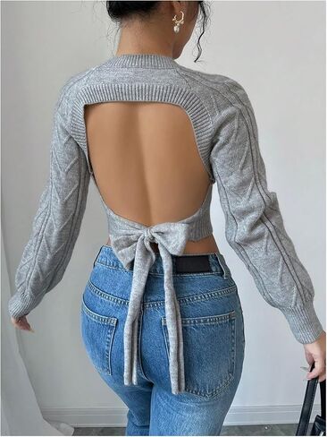 GORGLITTER Women's Bow Open Back Sweater Cable Knit Cropped Sweater Crewneck Pullover Crop Tops in Saudi Arabia