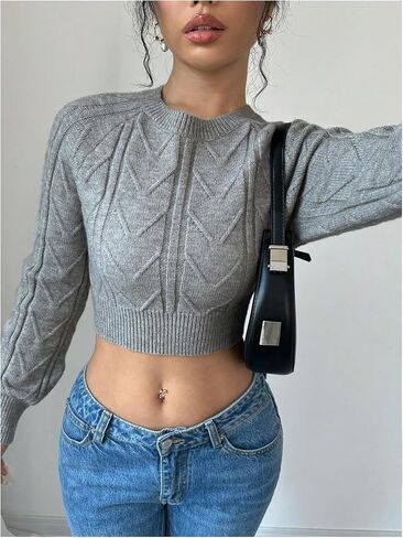 GORGLITTER Women's Bow Open Back Sweater Cable Knit Cropped Sweater Crewneck Pullover Crop Tops in Saudi Arabia