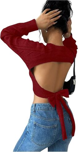 GORGLITTER Women's Bow Open Back Sweater Cable Knit Cropped Sweater Crewneck Pullover Crop Tops in Saudi Arabia