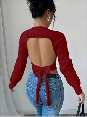 GORGLITTER Women's Bow Open Back Sweater Cable Knit Cropped Sweater Crewneck Pullover Crop Tops in Saudi Arabia