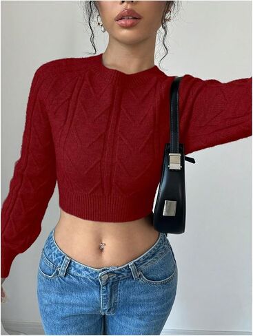 GORGLITTER Women's Bow Open Back Sweater Cable Knit Cropped Sweater Crewneck Pullover Crop Tops in Saudi Arabia