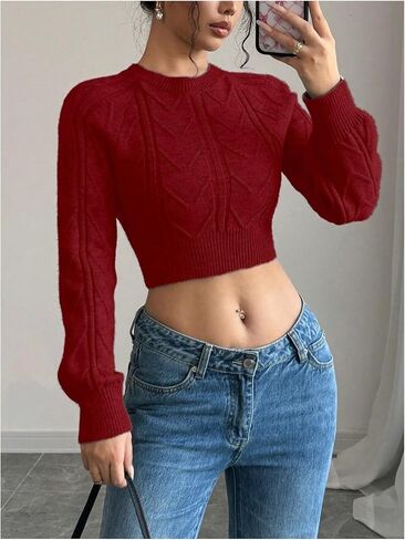 GORGLITTER Women's Bow Open Back Sweater Cable Knit Cropped Sweater Crewneck Pullover Crop Tops in Saudi Arabia