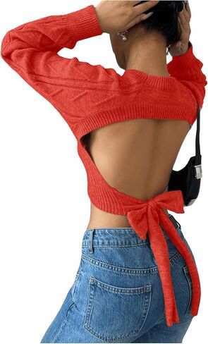 GORGLITTER Women's Bow Open Back Sweater Cable Knit Cropped Sweater Crewneck Pullover Crop Tops in Saudi Arabia