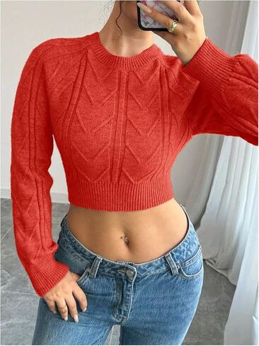GORGLITTER Women's Bow Open Back Sweater Cable Knit Cropped Sweater Crewneck Pullover Crop Tops in Saudi Arabia