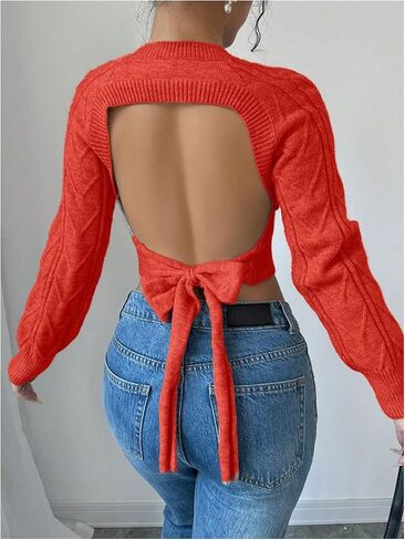 GORGLITTER Women's Bow Open Back Sweater Cable Knit Cropped Sweater Crewneck Pullover Crop Tops in Saudi Arabia