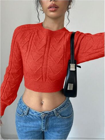 GORGLITTER Women's Bow Open Back Sweater Cable Knit Cropped Sweater Crewneck Pullover Crop Tops in Saudi Arabia