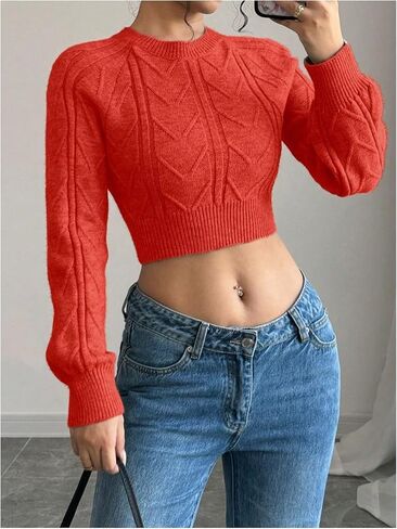 GORGLITTER Women's Bow Open Back Sweater Cable Knit Cropped Sweater Crewneck Pullover Crop Tops in Saudi Arabia