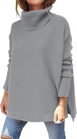 yoeasy Women's Turtleneck Oversized Long Batwing Sleeve Pullover Sweater Spilt Hem Knit Sweater in Saudi Arabia