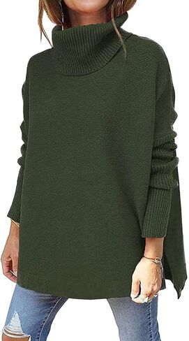 yoeasy Women's Turtleneck Oversized Long Batwing Sleeve Pullover Sweater Spilt Hem Knit Sweater in Saudi Arabia