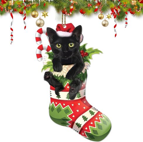 Black Cat Christmas Ornaments, Cute Screaming Cat Christmas Tree Hanging Ornaments 2024 Acrylic 2 Side Printed Christmas Decor Personalized Christmas Stockings for Cat Lovers (Black Cat C) in Saudi Arabia