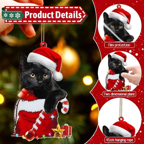 Black Cat Christmas Ornaments, Cute Screaming Cat Christmas Tree Hanging Ornaments 2024 Acrylic 2 Side Printed Christmas Decor Personalized Christmas Stockings for Cat Lovers (Black Cat C) in Saudi Arabia