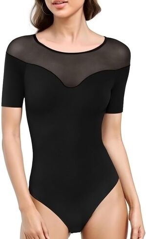Women's Sheer Bodysuit Splicing Mesh Body Suit Tops Shirts Leotards in Saudi Arabia