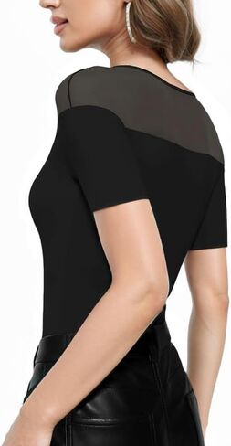 Women's Sheer Bodysuit Splicing Mesh Body Suit Tops Shirts Leotards in Saudi Arabia