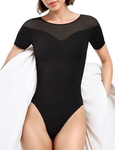 Women's Sheer Bodysuit Splicing Mesh Body Suit Tops Shirts Leotards in Saudi Arabia