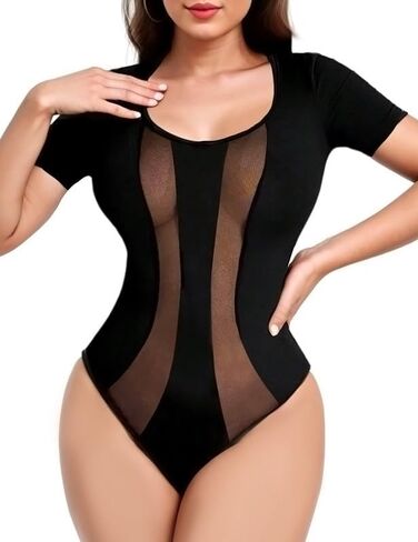 Women's Sheer Bodysuit Splicing Mesh Body Suit Tops Shirts Leotards in Saudi Arabia