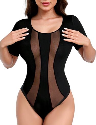 Women's Sheer Bodysuit Splicing Mesh Body Suit Tops Shirts Leotards in Saudi Arabia