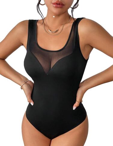 Women's Sheer Bodysuit Splicing Mesh Body Suit Tops Shirts Leotards in Saudi Arabia