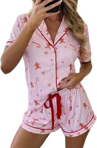 SOLILOQUY Women 2024 Christmas Pajamas Set Cute Graphic Short Sleeve Button Down Shirt + Shorts 2 Piece Sleepwear Loungewear in Kuwait