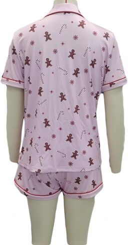 SOLILOQUY Women 2024 Christmas Pajamas Set Cute Graphic Short Sleeve Button Down Shirt + Shorts 2 Piece Sleepwear Loungewear in Kuwait