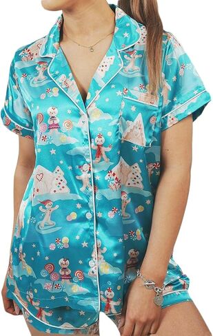 SOLILOQUY Women 2024 Christmas Pajamas Set Cute Graphic Short Sleeve Button Down Shirt + Shorts 2 Piece Sleepwear Loungewear in Kuwait