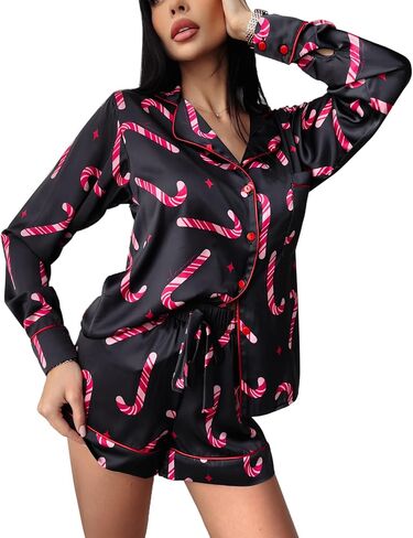 SOLILOQUY Women 2024 Christmas Pajamas Set Cute Graphic Short Sleeve Button Down Shirt + Shorts 2 Piece Sleepwear Loungewear in Kuwait