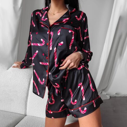 SOLILOQUY Women 2024 Christmas Pajamas Set Cute Graphic Short Sleeve Button Down Shirt + Shorts 2 Piece Sleepwear Loungewear in Kuwait