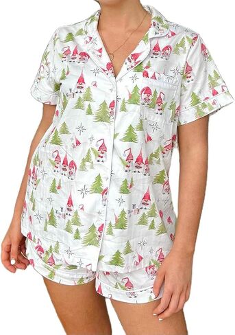 SOLILOQUY Women 2024 Christmas Pajamas Set Cute Graphic Short Sleeve Button Down Shirt + Shorts 2 Piece Sleepwear Loungewear in Kuwait