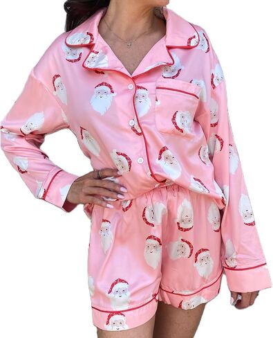 SOLILOQUY Women 2024 Christmas Pajamas Set Cute Graphic Short Sleeve Button Down Shirt + Shorts 2 Piece Sleepwear Loungewear in Kuwait
