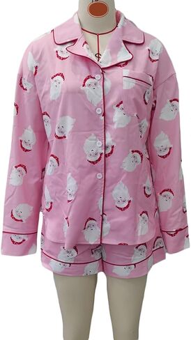 SOLILOQUY Women 2024 Christmas Pajamas Set Cute Graphic Short Sleeve Button Down Shirt + Shorts 2 Piece Sleepwear Loungewear in Kuwait