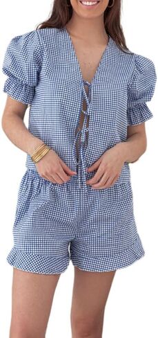 Argeousgor Women 2 Piece Pajamas Set Y2k Puff Sleeve Peplum Tie Front Top and Shorts Plaid Two Piece Lounge Set Sleepwear in Saudi Arabia