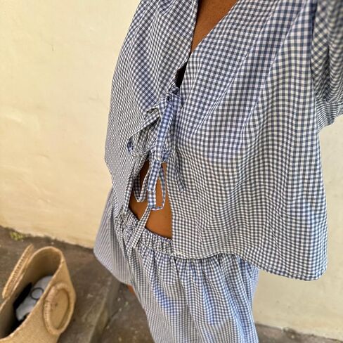 Argeousgor طقم بيجامات نسائي مكون من قطعتين Y2k بأكمام منتفخة وربطة عنق أمامية وسروال قصير منقوش من قطعتين طقم صالة ملابس نوم in Kuwait