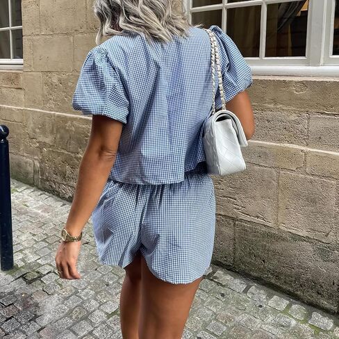 Argeousgor طقم بيجامات نسائي مكون من قطعتين Y2k بأكمام منتفخة وربطة عنق أمامية وسروال قصير منقوش من قطعتين طقم صالة ملابس نوم in Kuwait