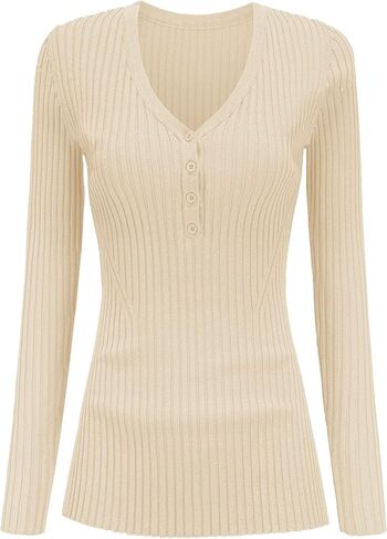 v28 Women Tops Long Sleeve V Neck Henley Button Up Casual Sexy Slim Fit Ribbed Knit Knitwear Pullover Sweater in Kuwait