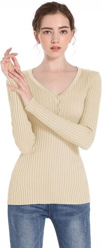 v28 Women Tops Long Sleeve V Neck Henley Button Up Casual Sexy Slim Fit Ribbed Knit Knitwear Pullover Sweater in Kuwait
