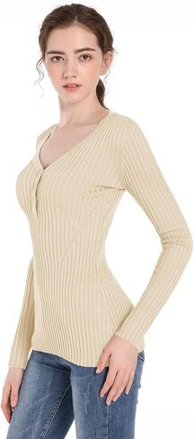 v28 Women Tops Long Sleeve V Neck Henley Button Up Casual Sexy Slim Fit Ribbed Knit Knitwear Pullover Sweater in Kuwait