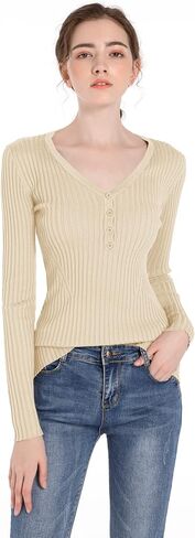 v28 Women Tops Long Sleeve V Neck Henley Button Up Casual Sexy Slim Fit Ribbed Knit Knitwear Pullover Sweater in Kuwait