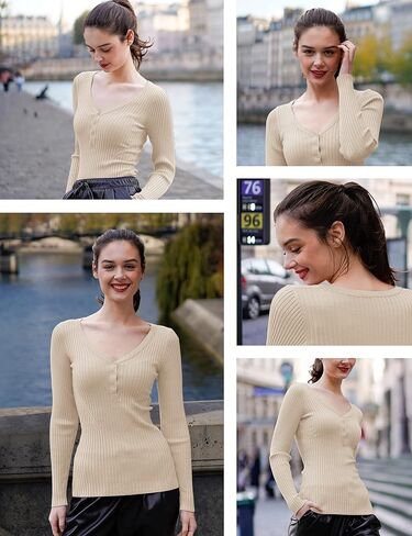 v28 Women Tops Long Sleeve V Neck Henley Button Up Casual Sexy Slim Fit Ribbed Knit Knitwear Pullover Sweater in Kuwait